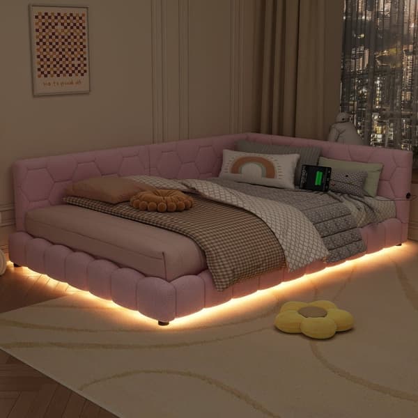 Dagbädd i sammet 140 x 200 cm - med LED och USB-anslutning - Rosa