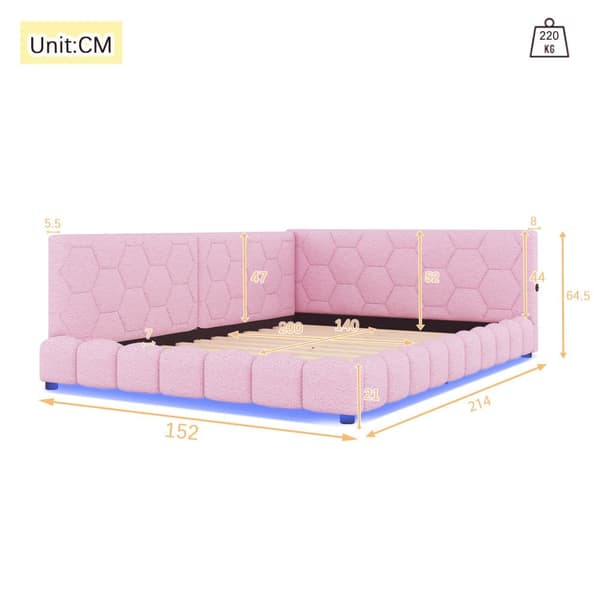 Dagbädd i sammet 140 x 200 cm - med LED och USB-anslutning - Rosa