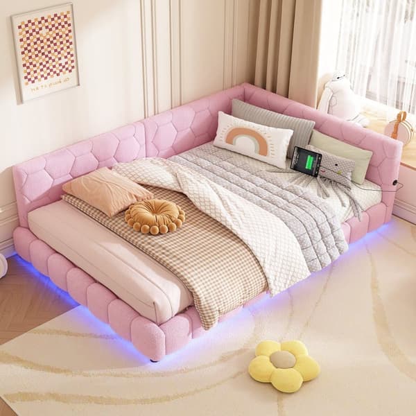 Dagbädd i sammet 140 x 200 cm - med LED och USB-anslutning - Rosa