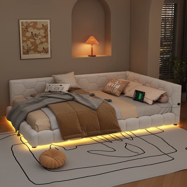 Dagbädd i sammet 140 x 200 cm - med LED och USB-anslutning - vit