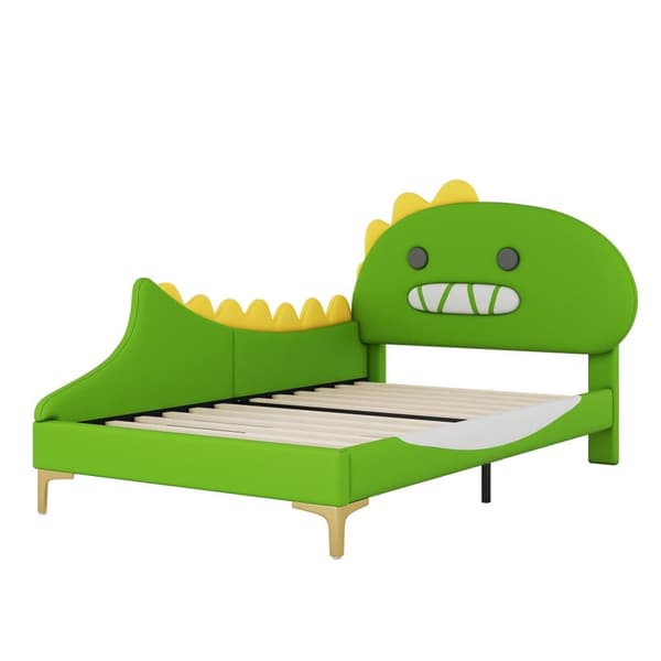 Børneseng 90x200 cm - dinosaur form - lavet af imiteret læder - grøn