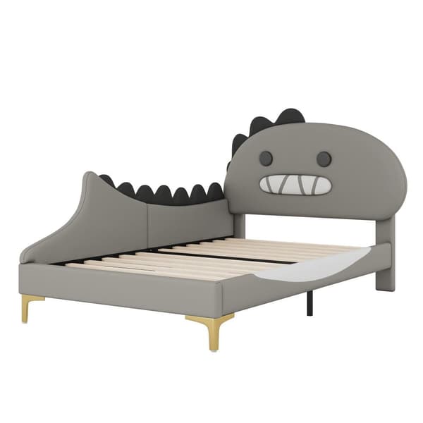Børneseng 90x200 cm - dinosaur form - lavet af imiteret læder - grå