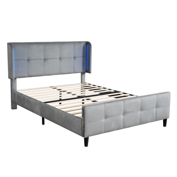 Velour dobbeltseng - 140x200 cm - med LED-lysbånd i 16 farver - højdejusterbar sengegavl - grå