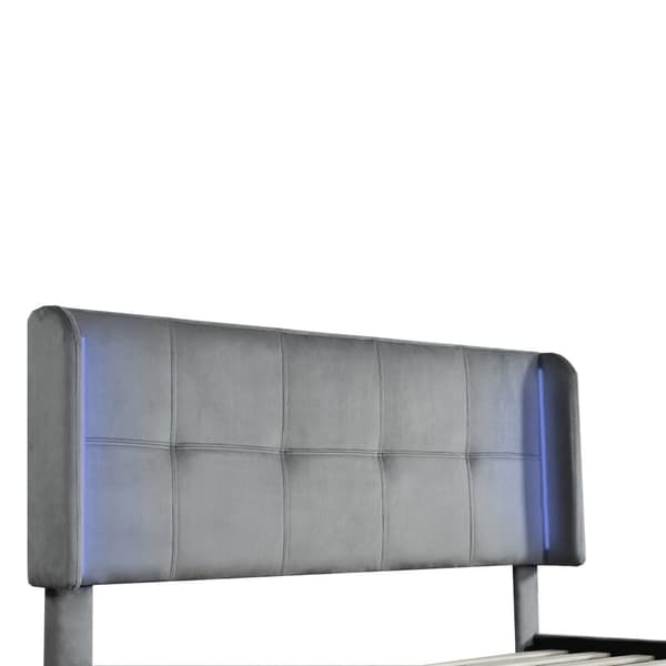 Velour dobbeltseng - 140x200 cm - med LED-lysbånd i 16 farver - højdejusterbar sengegavl - grå
