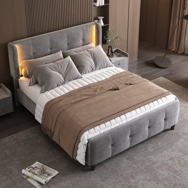 Velour dobbeltseng - 140x200 cm - med LED-lysbånd i 16 farver - højdejusterbar sengegavl - grå
