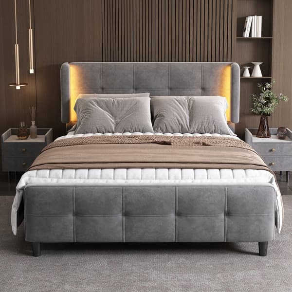 Velour dobbeltseng - 140x200 cm - med LED-lysbånd i 16 farver - højdejusterbar sengegavl - grå