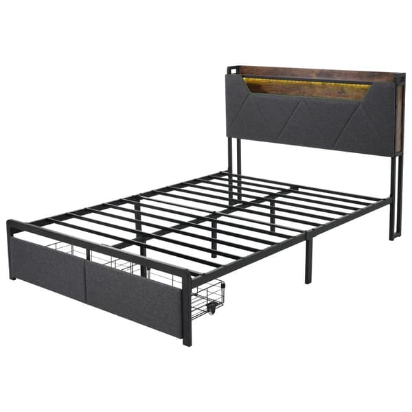 Sänky laatikolla 160 x 200 cm, verhoiltu pellavakankaalla - LED- ja latausliitännällä - harmaa
