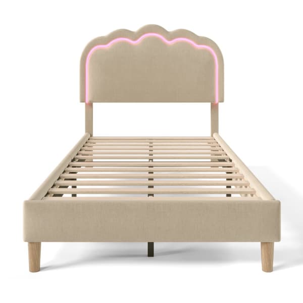 Sänky 90 x 190 cm, verhoiltu liinavaatteilla - LED-- ja sälekehys - Beige