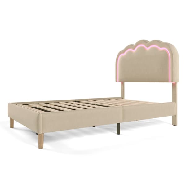 Sänky 90 x 190 cm, verhoiltu liinavaatteilla - LED-- ja sälekehys - Beige