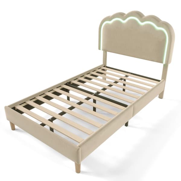 Sänky 90 x 190 cm, verhoiltu liinavaatteilla - LED-- ja sälekehys - Beige