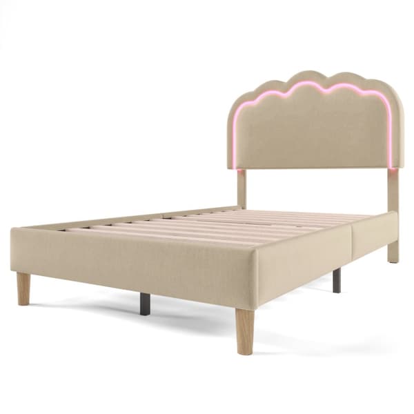 Sänky 90 x 190 cm, verhoiltu liinavaatteilla - LED-- ja sälekehys - Beige