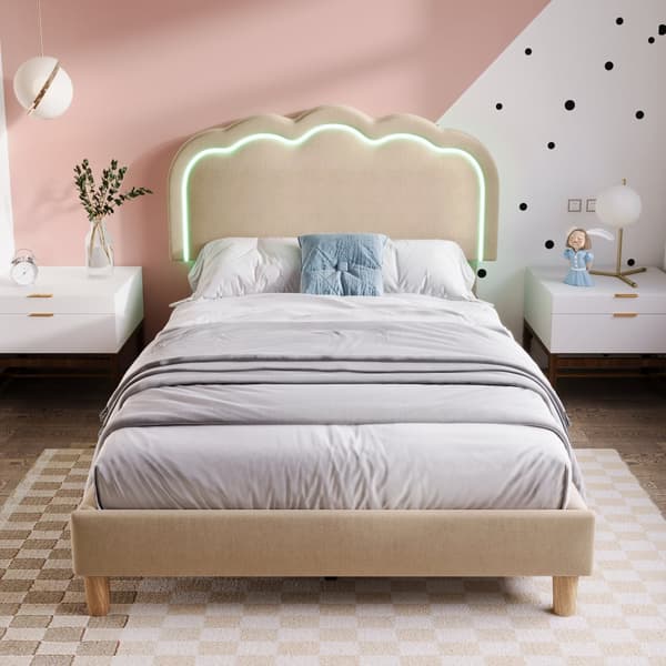 Sänky 90 x 190 cm, verhoiltu liinavaatteilla - LED-- ja sälekehys - Beige