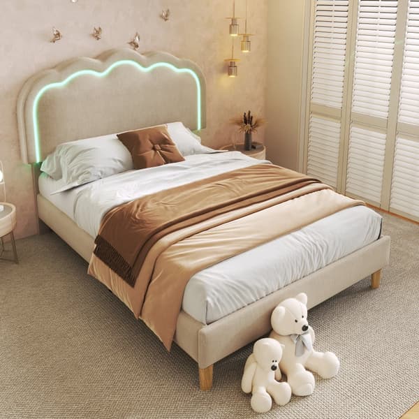 Sänky 90 x 190 cm, verhoiltu liinavaatteilla - LED-- ja sälekehys - Beige