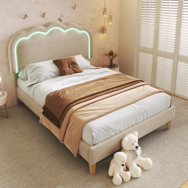 Säng 90 x 190 cm, klädd med linne - med LED och lamellram - Beige
