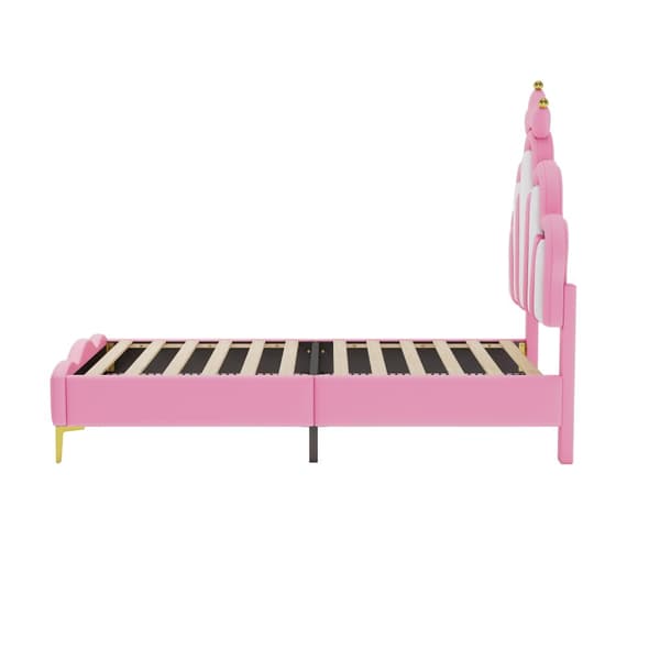 Børneseng 90x200cm med LED - Prinsesseseng med læderimiterede puder - Pink