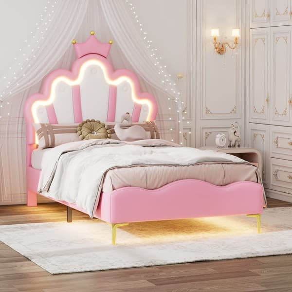 Barnsäng 90x200cm med LED - Prinsessäng med kuddar i läderimitation - Rosa