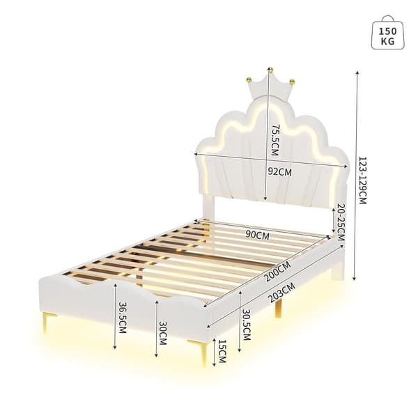 Lasten sänky 90x200cm LEDillä - Prinsessasänky keinonahkatyynyillä - Valkoinen