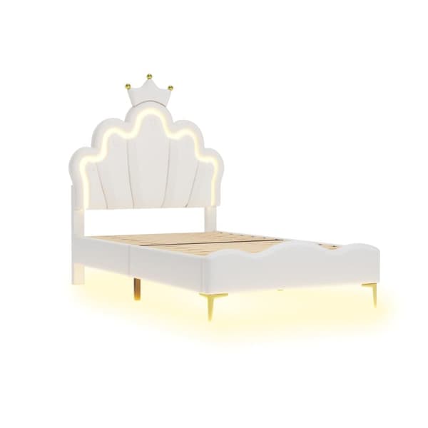 Lasten sänky 90x200cm LEDillä - Prinsessasänky keinonahkatyynyillä - Valkoinen