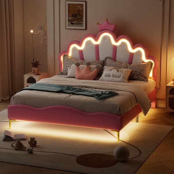 Barnsäng 140x200cm med LED - Prinsessäng med kuddar i läderimitation - Rosa