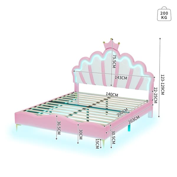Barnsäng 140x200cm med LED - Prinsessäng med kuddar i läderimitation - Rosa