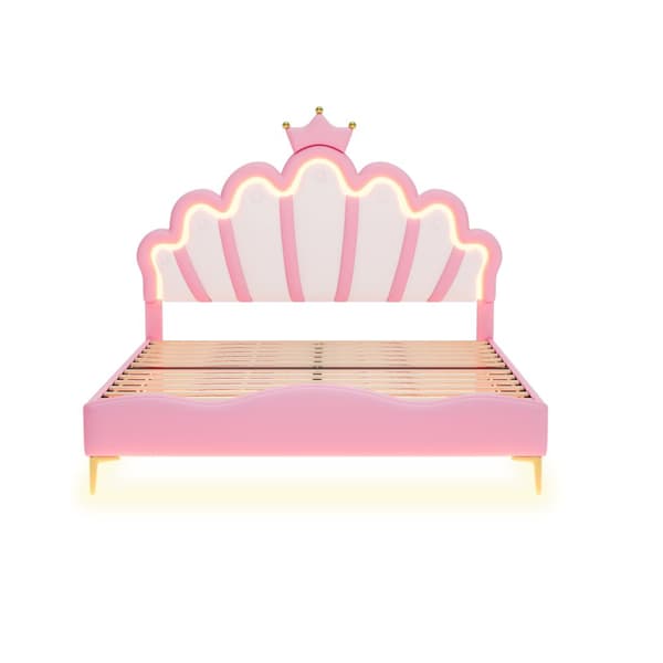Barnsäng 140x200cm med LED - Prinsessäng med kuddar i läderimitation - Rosa