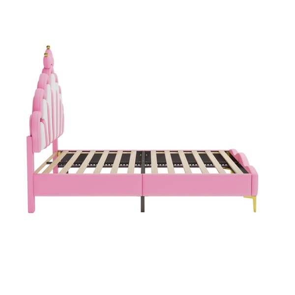 Barnsäng 140x200cm med LED - Prinsessäng med kuddar i läderimitation - Rosa