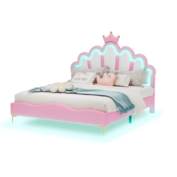 Barnsäng 140x200cm med LED - Prinsessäng med kuddar i läderimitation - Rosa