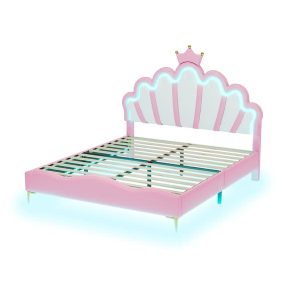 Barnsäng 140x200cm med LED - Prinsessäng med kuddar i läderimitation - Rosa