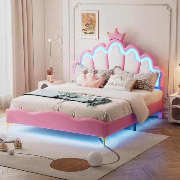 Barnsäng 140x200cm med LED - Prinsessäng med kuddar i läderimitation - Rosa