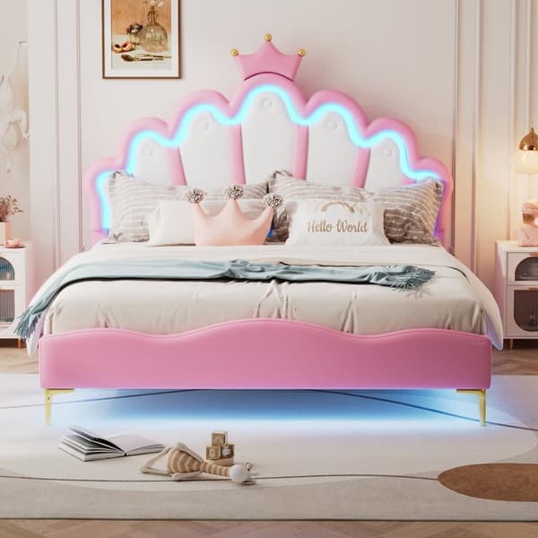 Barnsäng 140x200cm med LED - Prinsessäng med kuddar i läderimitation - Rosa