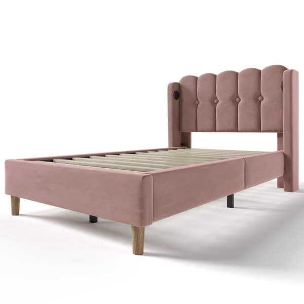 90 x 200 cm seng med fløjlsbetræk - med opladningstilslutninger og lamelbund - Pink