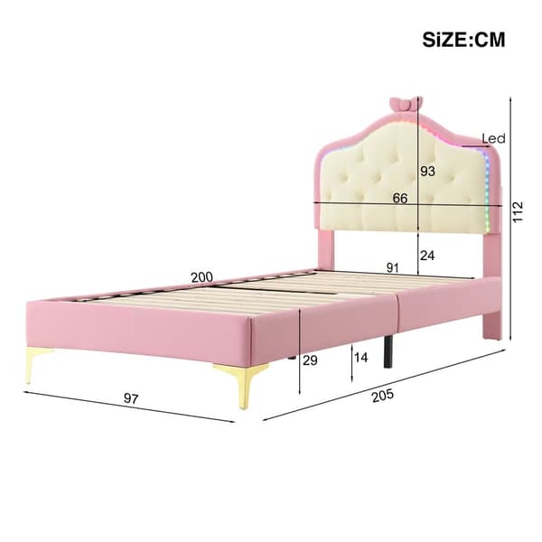 Klädd barnsäng med färgade LED-lampor och rosett på huvudgaveln - tillverkad av konstläder - 90 x 200 cm - med lamellram - rosa