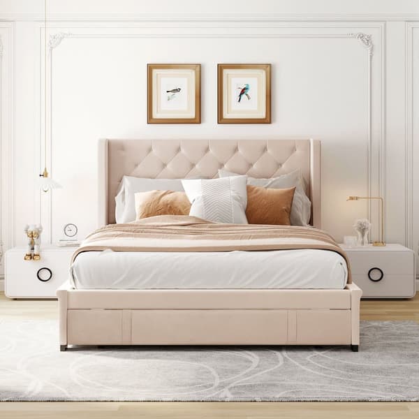 Pehmustettu sänky 140x200cm - Pellavakangas - laatikolla - Beige