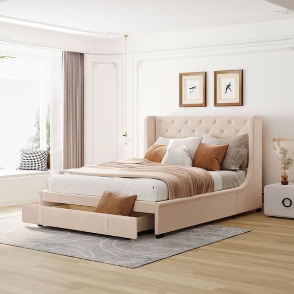 Pehmustettu sänky 140x200cm - Pellavakangas - laatikolla - Beige