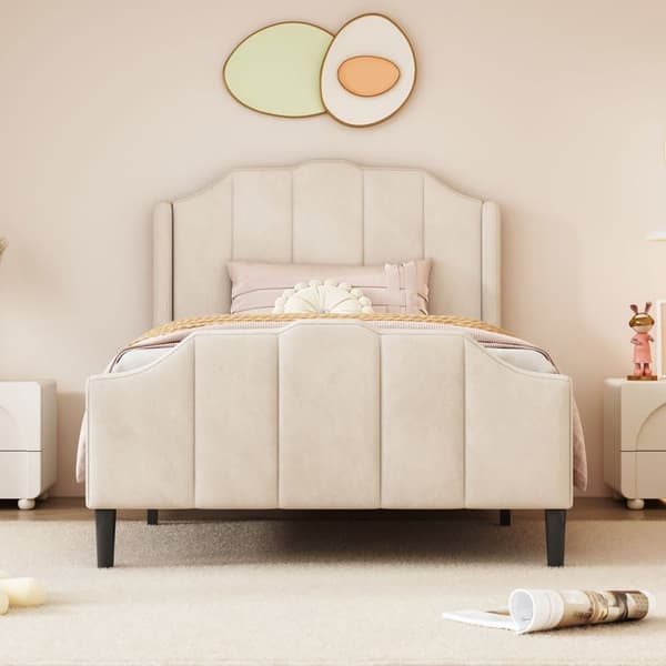 Enkeltseng, betrukket med fløjl, 90 x 200 cm, med tremmesengsramme - Beige