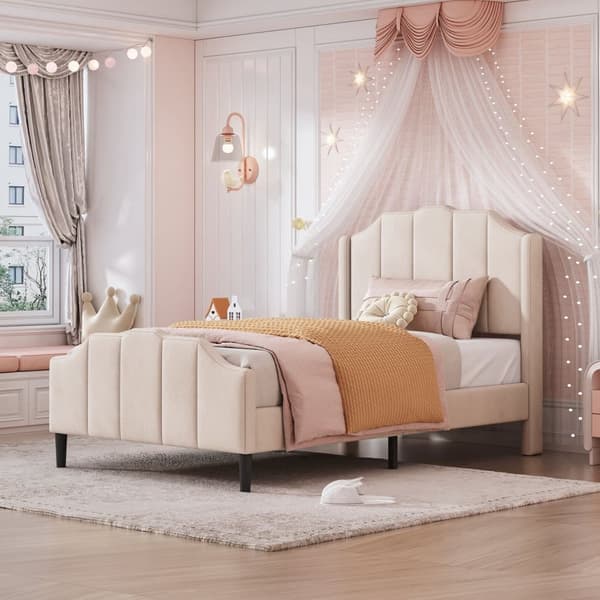 Enkeltseng, betrukket med fløjl, 90 x 200 cm, med tremmesengsramme - Beige