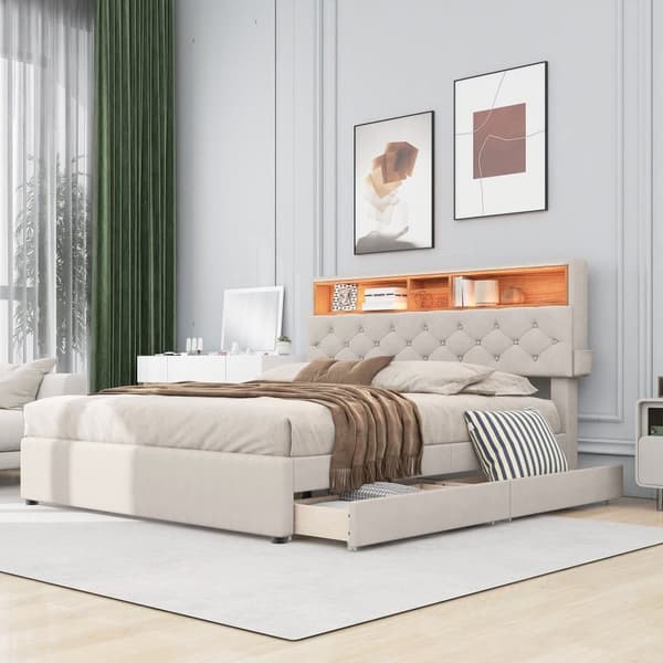 140 x 200 cm vuode pellavakangasta - LED, USB-liitäntä ja 2 laatikkoa - säädettävä sängynpääty - beige