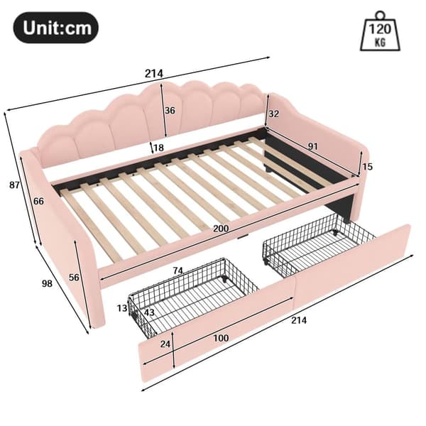Sovesofa 90x200 cm - med LED-belysning - med 2 skuffer - fløjl - pink (uden madras)