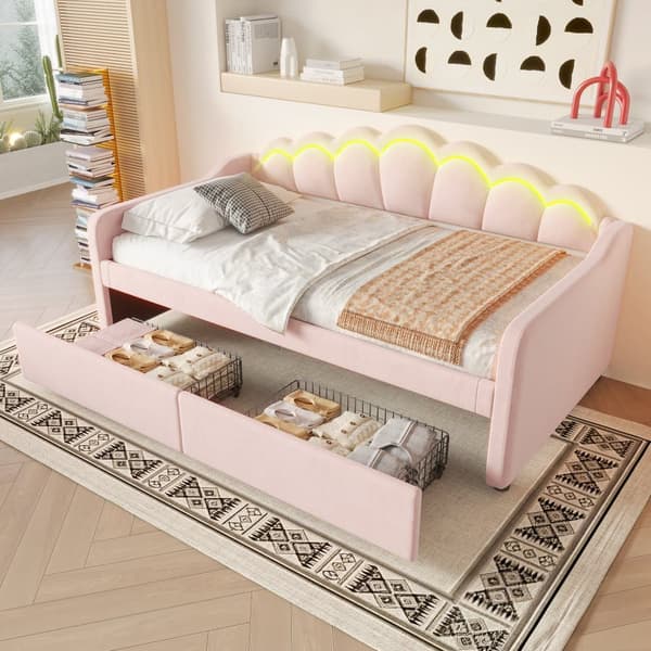 Sovesofa 90x200 cm - med LED-belysning - med 2 skuffer - fløjl - pink (uden madras)