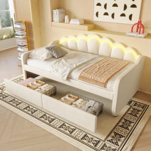 Bäddsoffa 90x200 cm - med LED-belysning - med 2 lådor - sammet - beige (utan madrass)