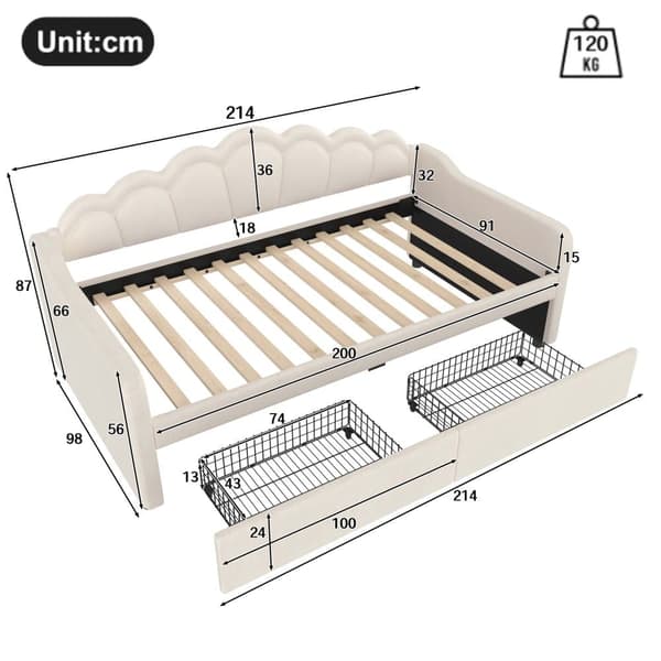 Bäddsoffa 90x200 cm - med LED-belysning - med 2 lådor - sammet - beige (utan madrass)