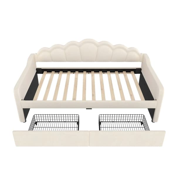 Bäddsoffa 90x200 cm - med LED-belysning - med 2 lådor - sammet - beige (utan madrass)