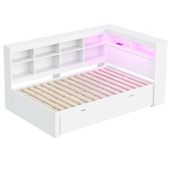 Sovesofa i massivt træ 140 x 200 cm - med opbevaringsrum - med USB - med LED-belysning + med stikkontakt - hvid (uden madras)