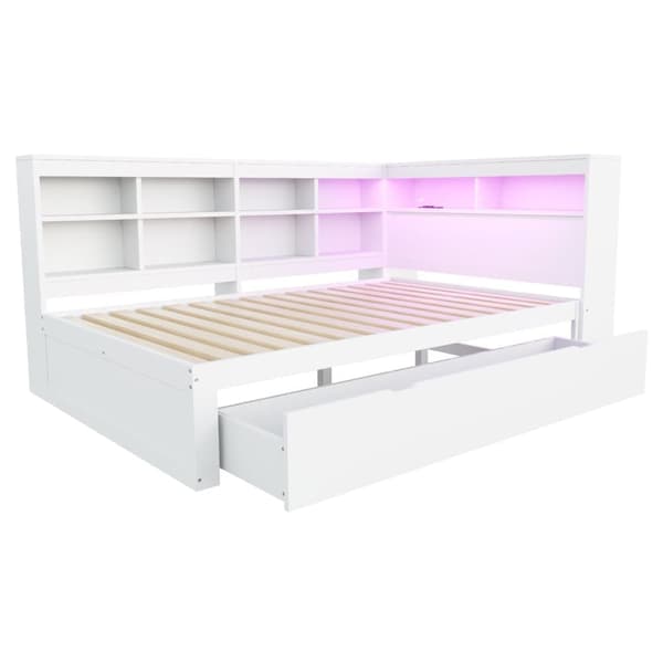 Sovesofa i massivt træ 140 x 200 cm - med opbevaringsrum - med USB - med LED-belysning + med stikkontakt - hvid (uden madras)