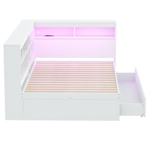 Sovesofa i massivt træ 140 x 200 cm - med opbevaringsrum - med USB - med LED-belysning + med stikkontakt - hvid (uden madras)