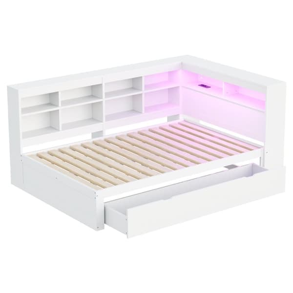 Sovesofa i massivt træ 140 x 200 cm - med opbevaringsrum - med USB - med LED-belysning + med stikkontakt - hvid (uden madras)