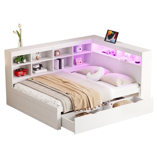 Sovesofa i massivt træ 140 x 200 cm - med opbevaringsrum - med USB - med LED-belysning + med stikkontakt - hvid (uden madras)