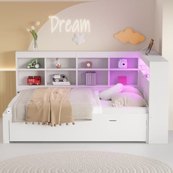 Massiivipuinen vuodesohva 140 x 200 cm - säilytyslokerolla - USB:llä - LED-valaistuksella + pistorasialla - valkoinen (ilman patjaa)