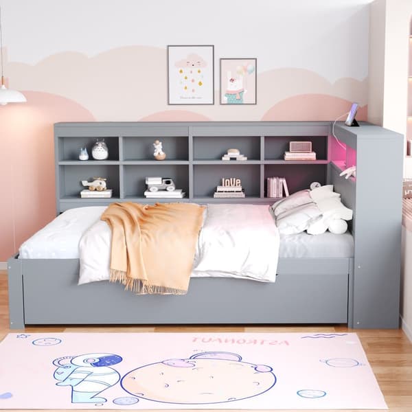 Massiivipuinen vuodesohva 140 x 200 cm - säilytyslokerolla - USB:llä - LED-valaistuksella + pistorasialla - harmaa (ilman patjaa)