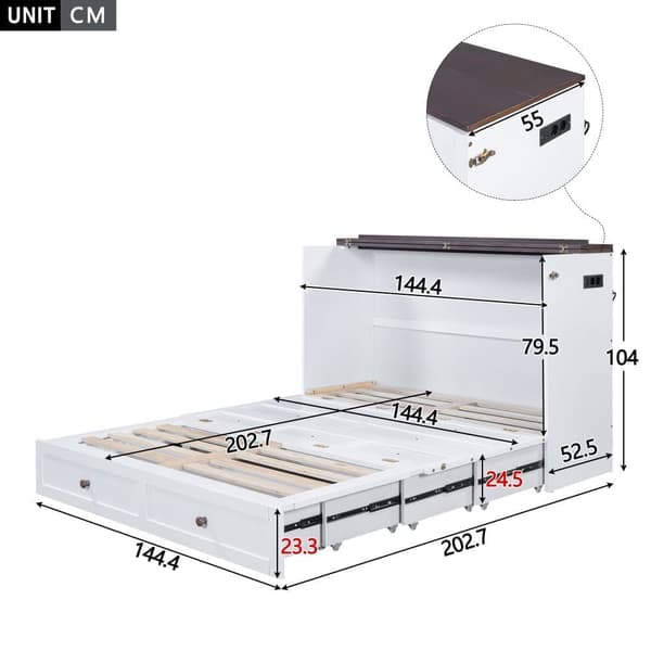 Utdragbar träbädd 140 x 200 cm - med USB-portar och förvaringsutrymme - vit